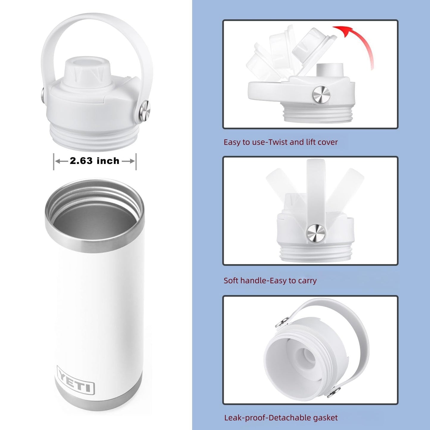 Lid for Yeti Rambler 26 36 64 oz, Cap with Flexible Handle, Replacement Chug Lids for Yeti Jr 12 18 Ounce Kids Sports Water Bottles, Water Bottle Accessories Top, White