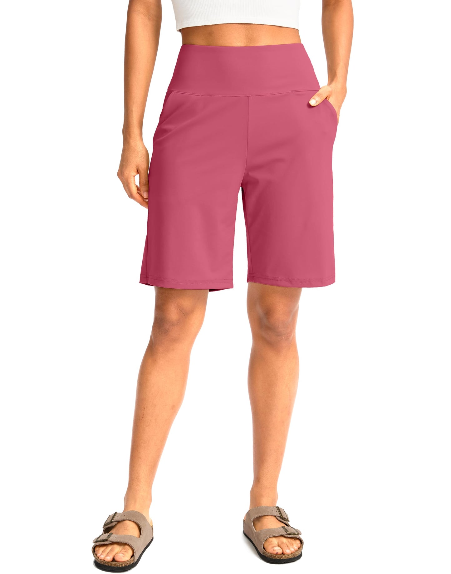 G Gradual Women's Bermuda Long Shorts with Pockets 9" High Waisted Knee Length Shorts for Women Walking Athletic Workout(Briar Rose,XXL)