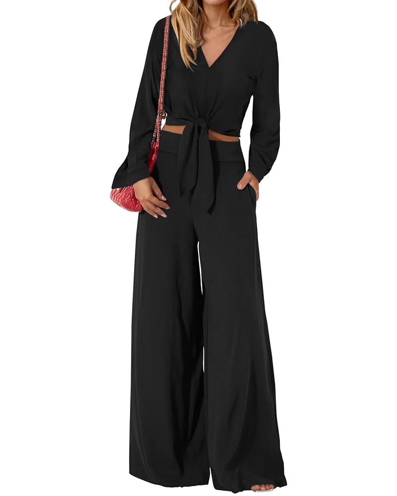 PrettyGarden Women 2-Piece Outfits - V-Neck Crop Top & Wide Leg Pants (Black, Large)