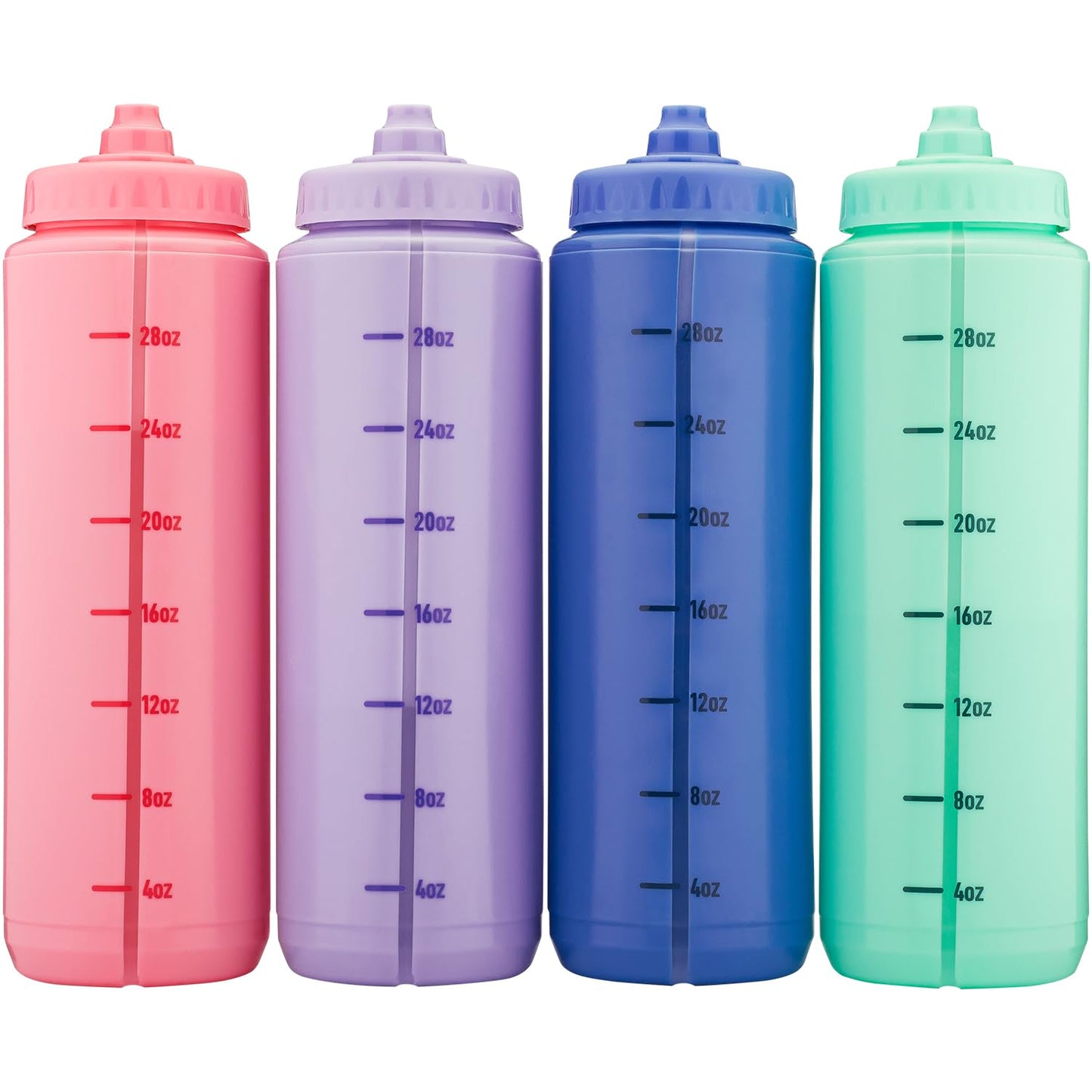 Hydra Cup Sport 4 Pack 32 oz Squeeze Water Bottles, Sports Water Bottle Pack with Fast Flow Valve, BPA-Free Squirt Water Bottles (Bright Colors)