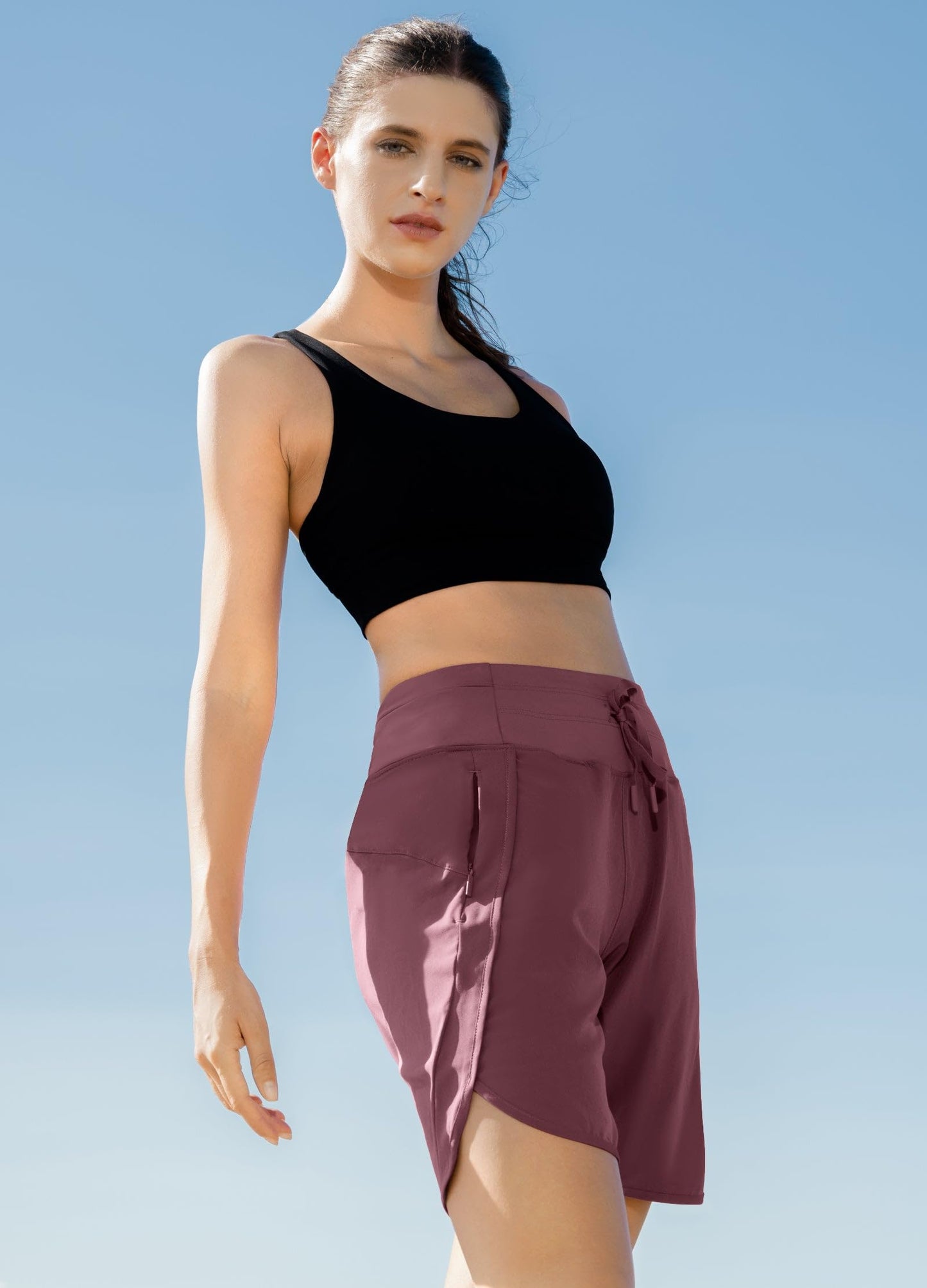 Willit Women's 7" Athletic Running Long Shorts Workout Hiking Shorts Quick Dry High Waisted Active Zipper Pocket Dark Red L