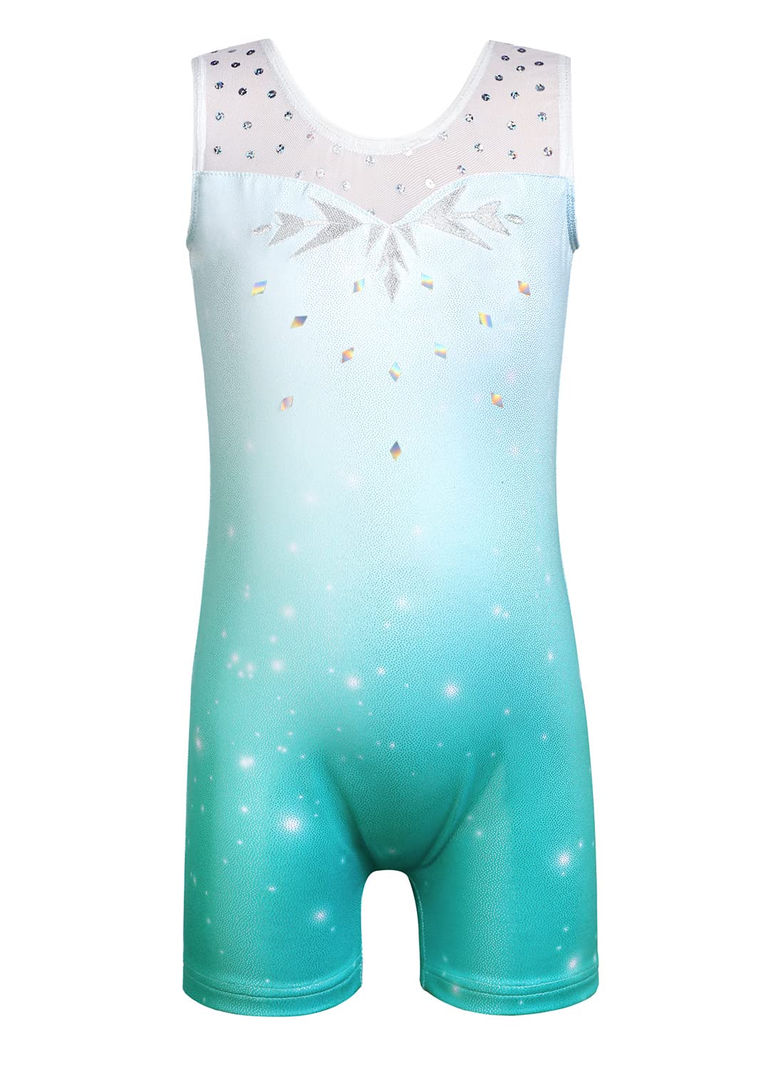 HOZIY Big Kid, Girls Gymnastics Leotards With Shorts for Kids Tumbling Outfits Dance 4t 5t 4-5t 4 Year Yr Old Aqua Blue Mesh Snowflake Biketards