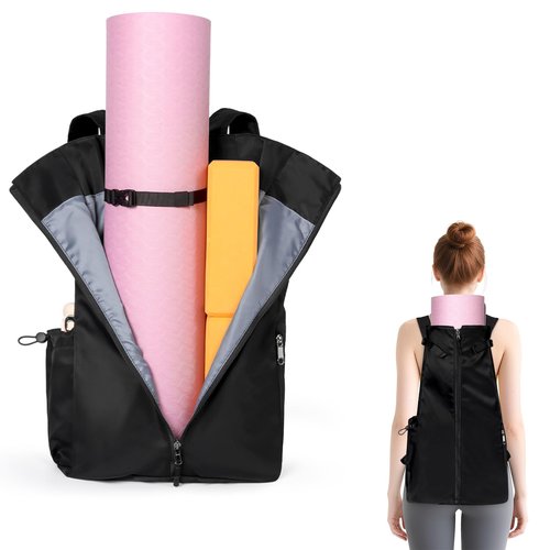 WOMACO Yoga Mat Bag, Adjustable Yogamat Blocks Carrier with Backpack Straps and Side Pockets, Top-Opening Yoga Backpack for Yoga Accessories (Black)