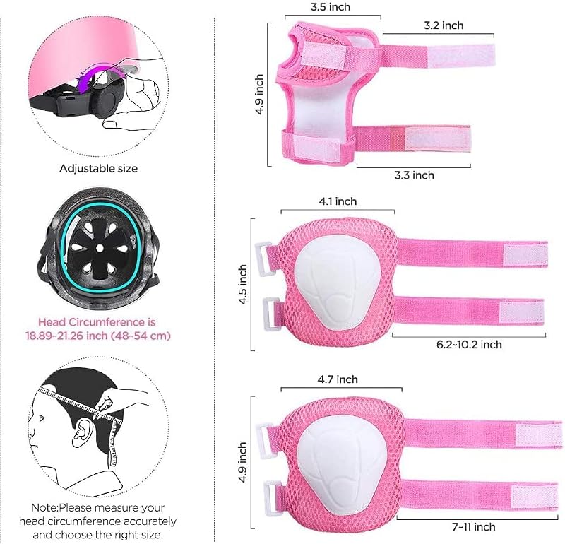 Pink 8-14 Years 7-in-1 Kids Helmet with Knee, Elbow & Wrist Protection - Adjustable Toddler Bike Gear Set