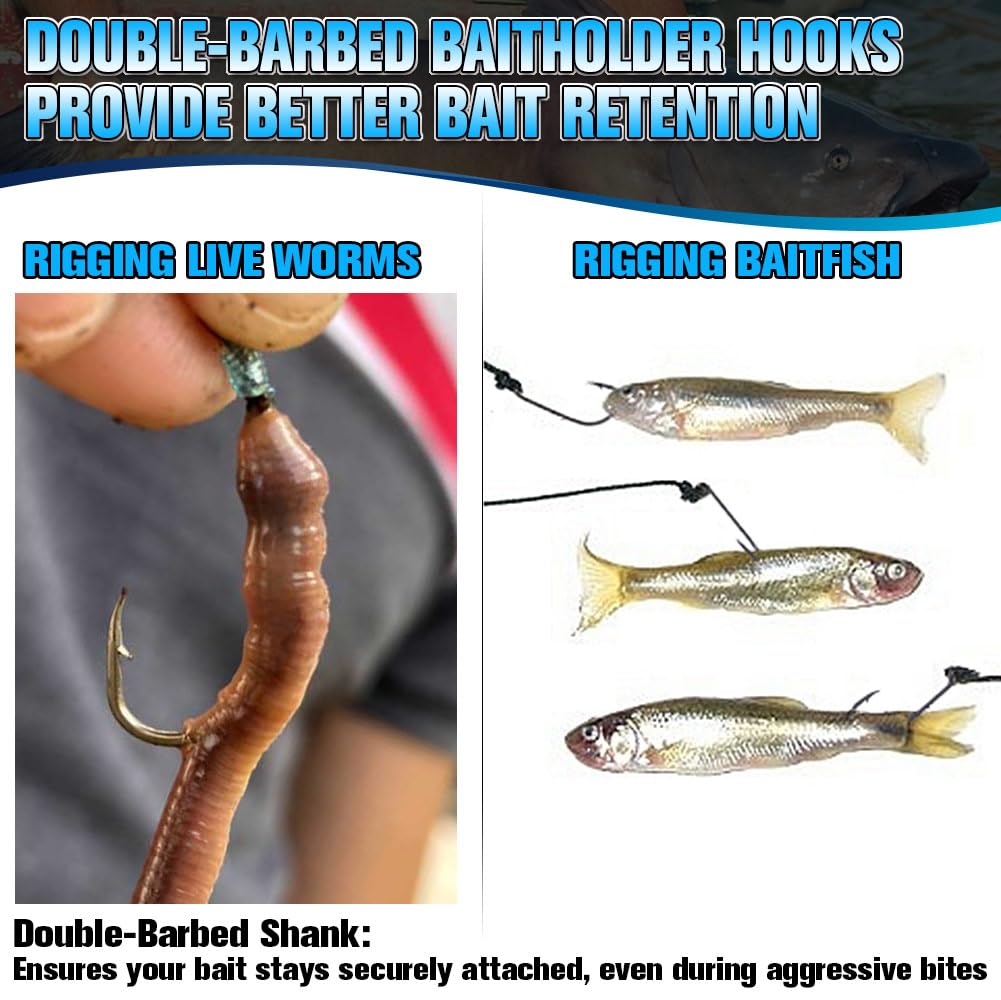 Baitholder Fishing Hooks 100 Pack - Double-Barbed Long Shank for Bluegill Bass Trout Walleye Black/Red, 8/0-#8 (2-Black, Size:8 100-Pack)
