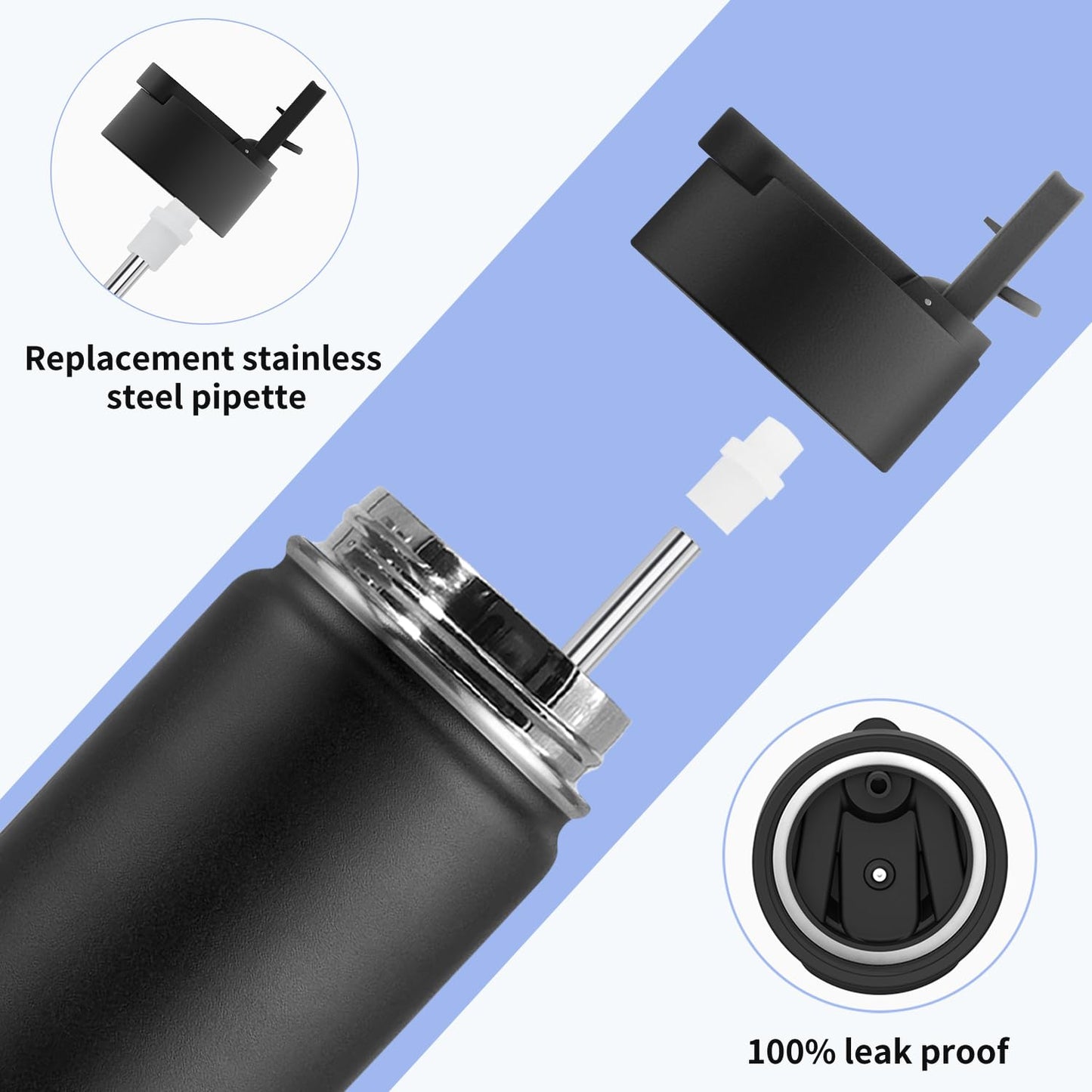 koodee Insulated Water Bottle, 18 oz Stainless Steel Vacuum Wide Mouth Sports Water Bottle with Leak Proof Straw Lid (Black)