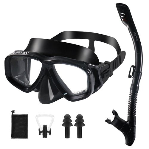 HIKOTEY Snorkeling Set for Adults, Full Dry Snorkeling Mask Set for Adults, Anti-Fog Protection, Unisex,HD Panoramic View (Black)