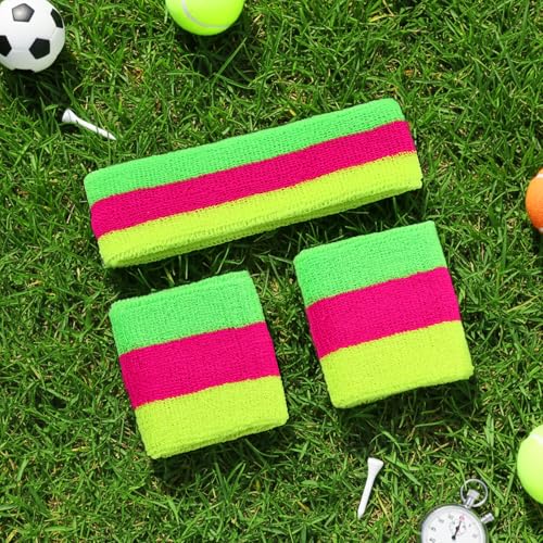 Neon Sweatbands Set - 3 Pack Neon Headband and Wristbands, Mixing Colors