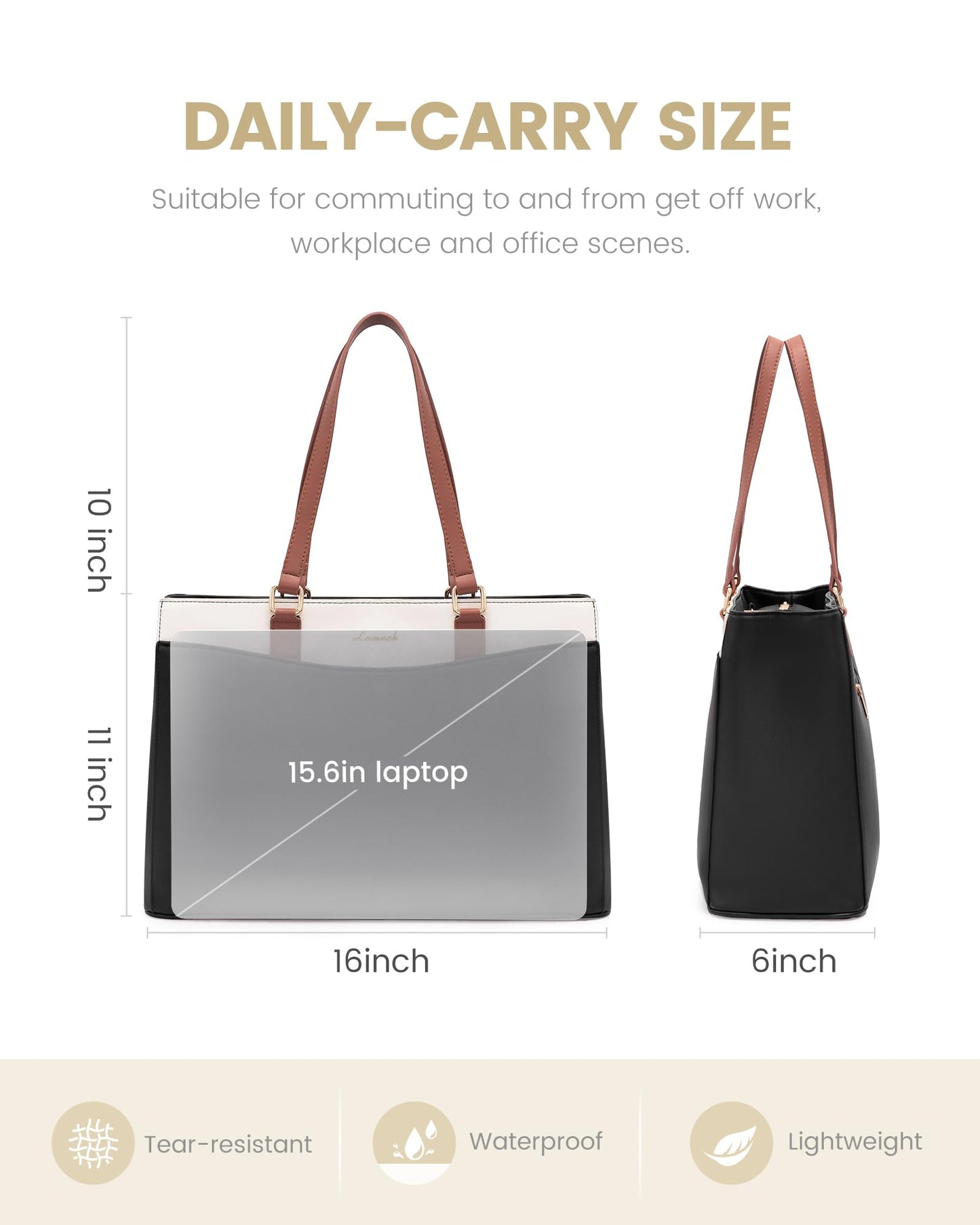 LOVEVOOK Laptop Tote Bag for Women, Work Bags Teacher Tote Bag, Waterproof Leather Computer Bag, Business Laptop Purse Office Handbag Professional Briefcase, Black-Beige-Brown, 15.6 Inch