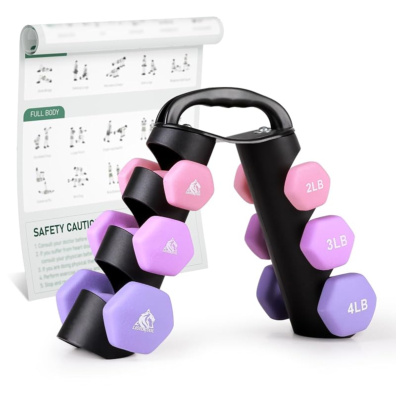 Lilac Fantasy 18lb Set of 6 Neoprene Coated Dumbbells with Rack - Anti-Slip Hex Weights