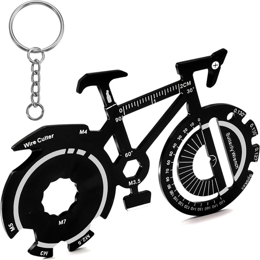 20 in 1 Bicycle Shaped Keychain Multitool Card - Pocket Multi-Tool for Bike Lover Men Key Chain gift for Dad Husband Birthday Father's Day - Black Stainless Steel