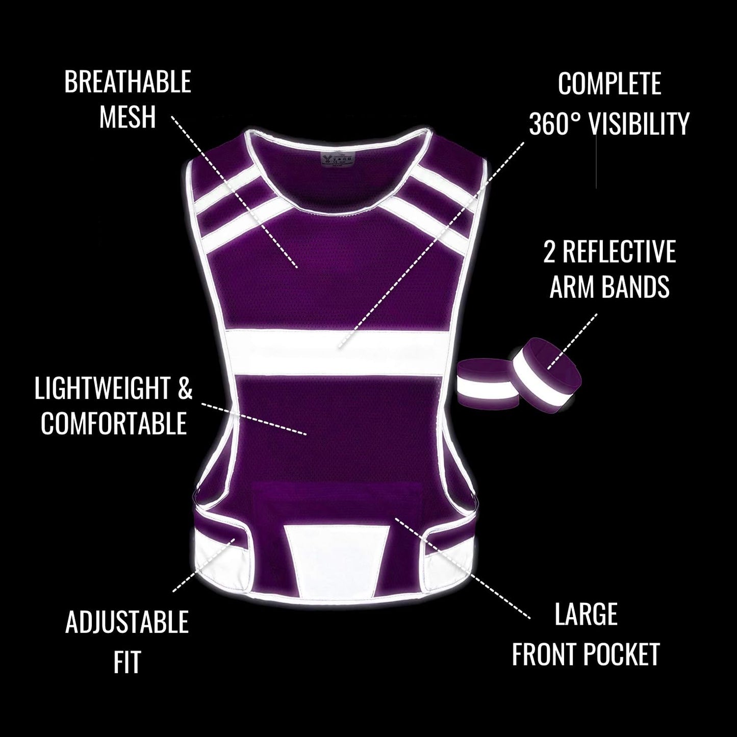 Mesh Reflective Running Vest with Inside Pocket & 2 Bands, Pink Small