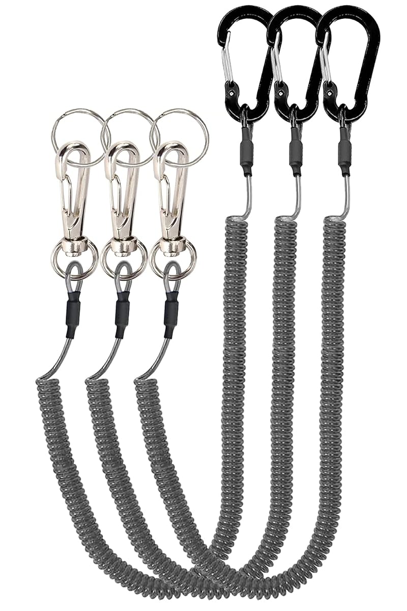Retractable Coiled Lanyards with Carabiner Clips - 45cm, 98in Stretch, 15lb Safe Tension, Black Long Rotatable