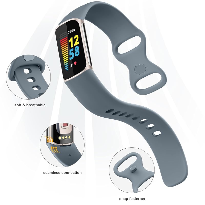 Tobfit 6-Pack Sport Bands for Fitbit Charge 5/6 - Silicone Waterproof Replacement Straps (Black, Winter Blue, Light Grey, Midnight, Abyss Blue, Blue Grey) - Women & Men
