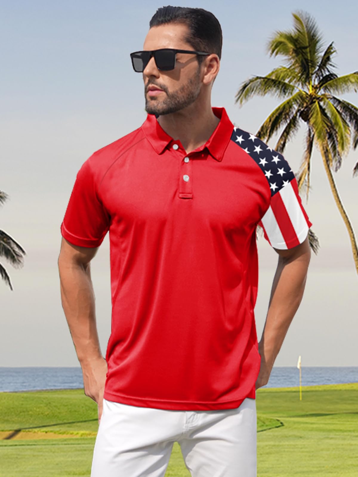 ZITY Men's Flag Golf Polo Shirts Short Sleeve Tactical Collared Shirt Men Outdoor Moisture Wicking Shirts Red XX-Large