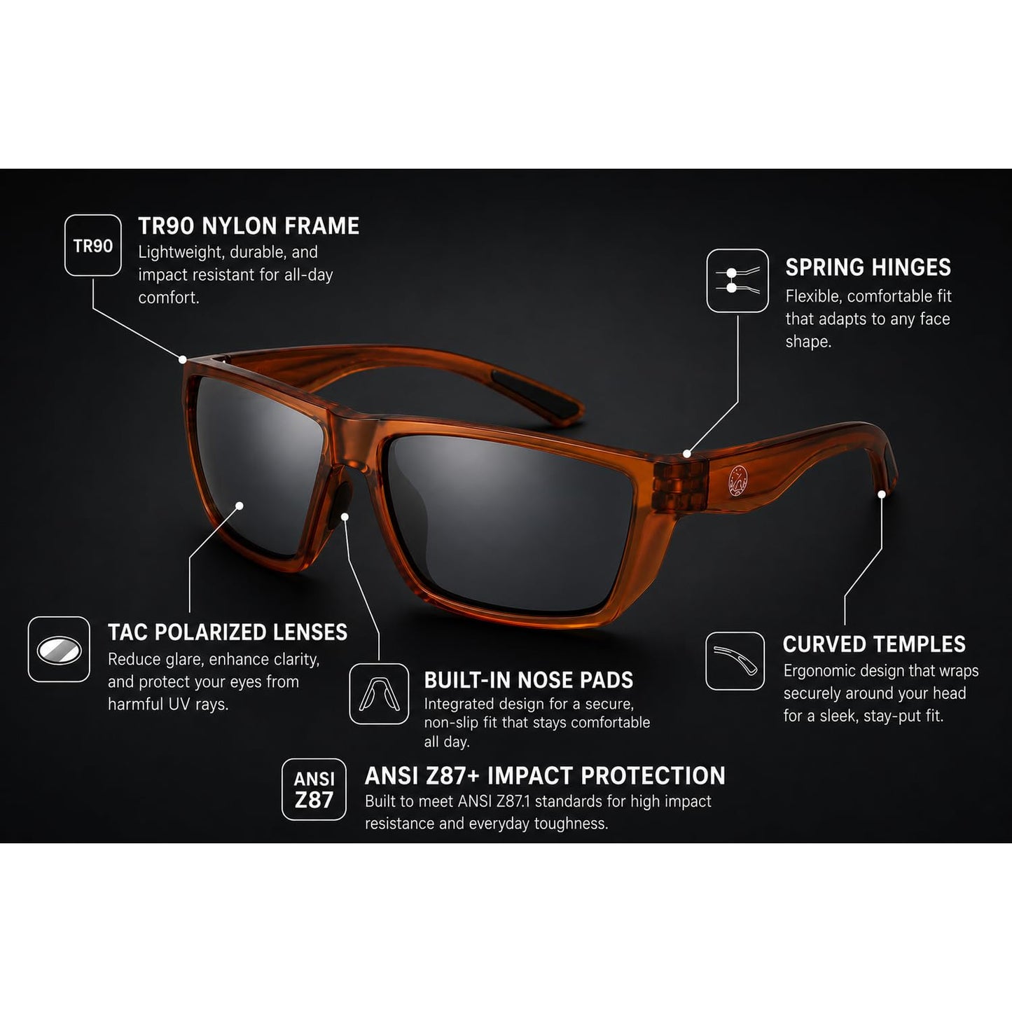 Bgon Outdoors Polarized Fishing Sunglasses for Men - UV400 Protection - Lake, River, Ocean - Lightweight TR90 Frame
