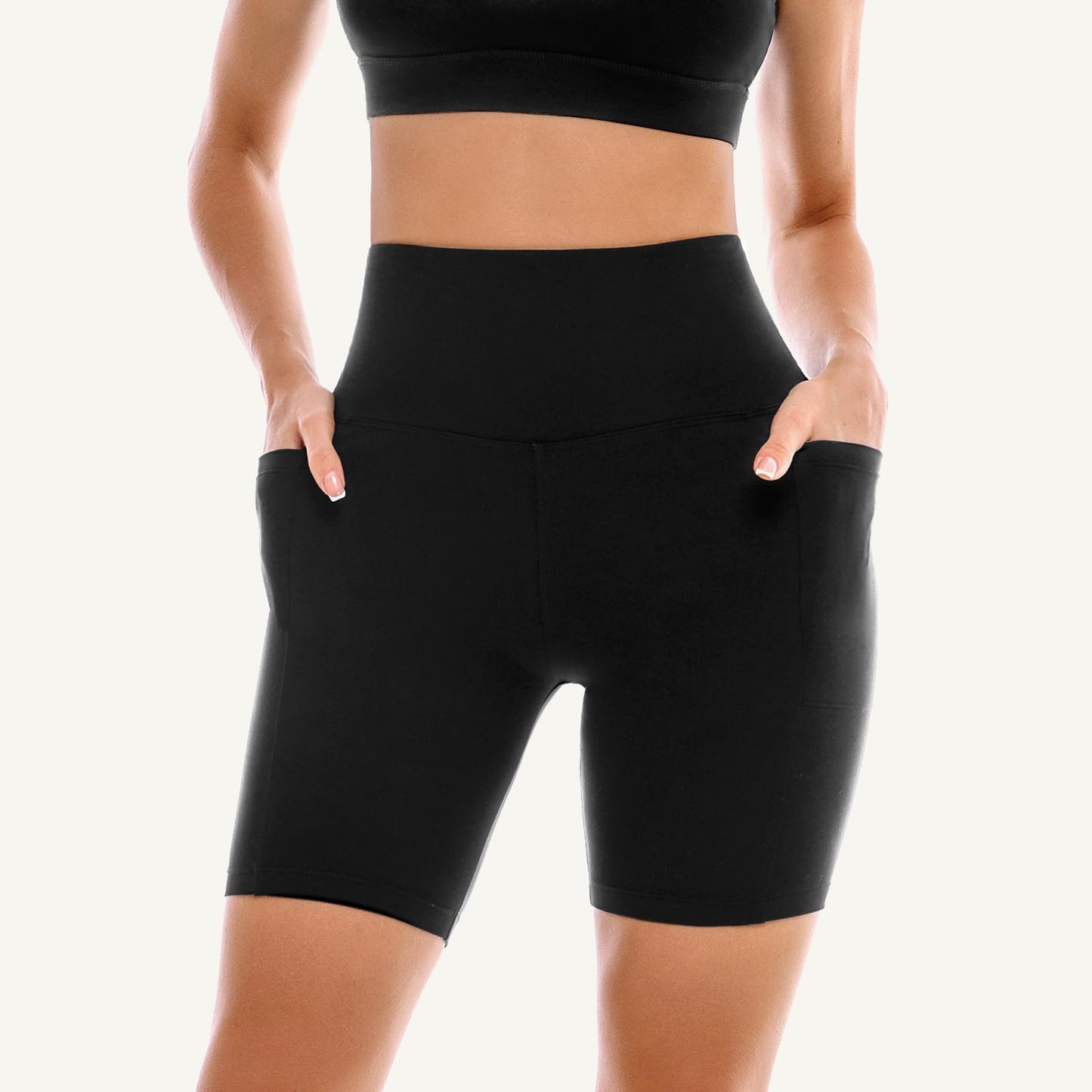 Leafigure 2 Pack Womens Biker Shorts with Pockets, High Waisted Tummy Control Yoga Shorts for Women Running Gym and Workout Black/Grey S-M