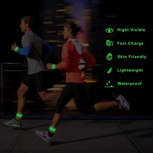 TRAYIU LED Safety Wristband Lights - 2 Pack Rechargeable Light Up Arm Ankle Band Kids Magic Slap Glow Bracelets Reflective Belt High Visibility for Night Cycling Walking Joggers Running Gear