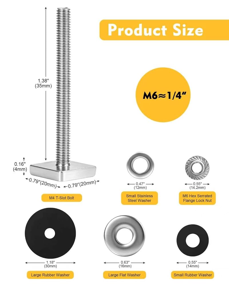 M6x65mm T-Slot Bolts for Roof Rack Cross Bars – 8 Pack (4mm Thick, 304 Stainless) - Suitable for Bike/Ski/Kayak Racks