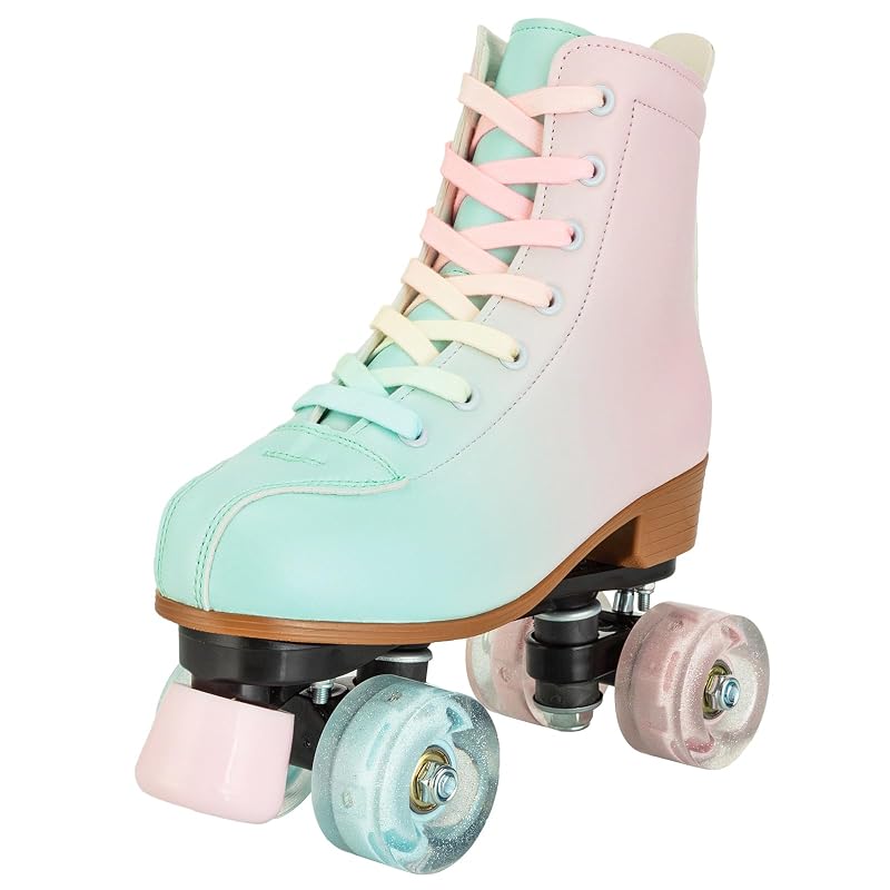 Gradient Pink-Blue Roller Skates for Girls & Women, Cozy PU Leather, Flash Wheels - 37-US Women/Youth 6/7