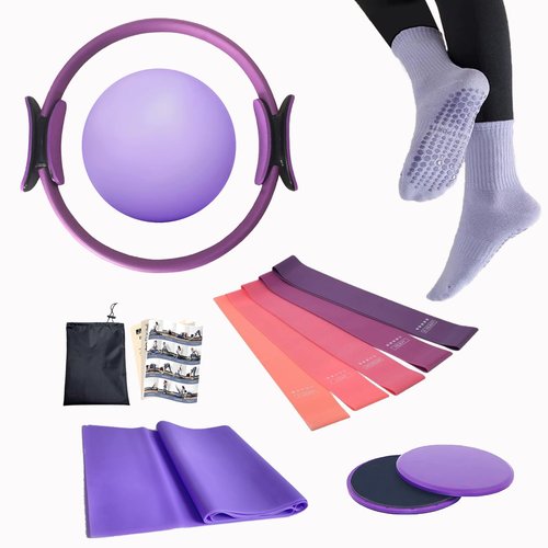 HJXXJ Pilates Essentials Kit for Women - 13-Piece Professional Pilates Equipment Set with Thick Pilates Ring, 25cm Yoga Ball, 5-Level Resistance Bands (5-40lbs), Non-Slip Socks, Sliders & Accessories