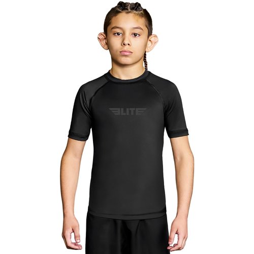 Elite Sports Kids Jiu Jitsu BJJ Rash Guard, Short Half Sleeve Compression Shirt for Youth Boys Girls Sports Nogi Training Black