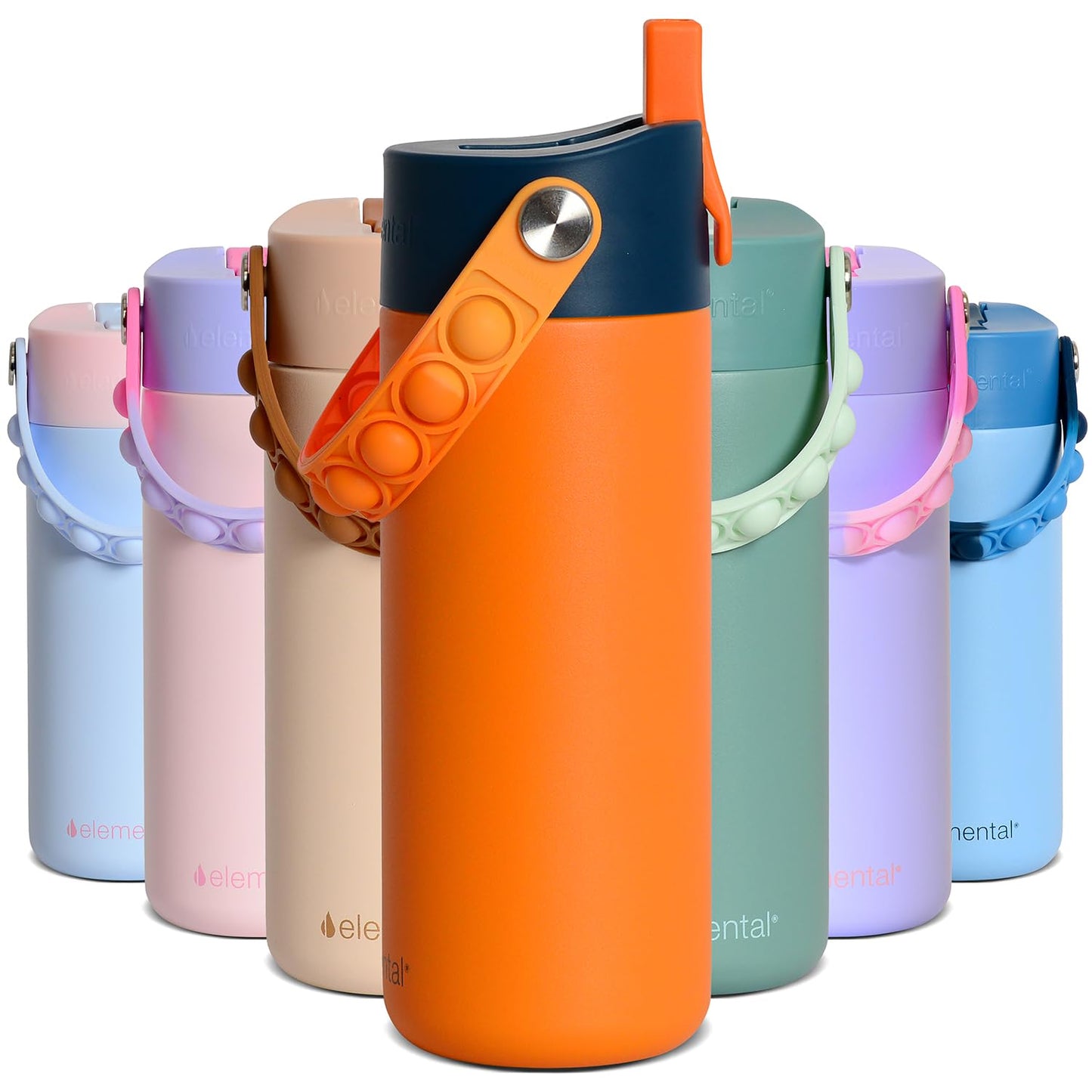 Elemental Insulated Kids Water Bottle, Stainless Steel Water Bottle with Straw Lid & Pop-It Handle, Leak-Proof Water Bottles for School, Boys or Girls, Travelling and Sports, 18oz - Orange Tie Dye