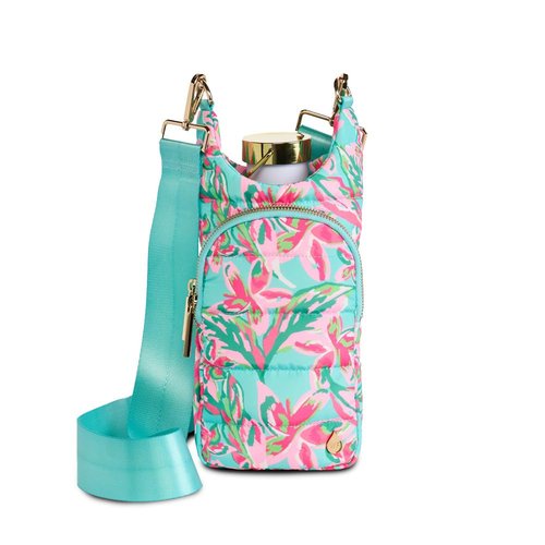 WanderFull Original HydroBag Fits Up to 32 oz Water Bottle Holder with Strap - Hands-Free Crossbody Water Bottle Carrier Bag with Phone Pocket, Tumbler Bag - Aqua Multicolor Print