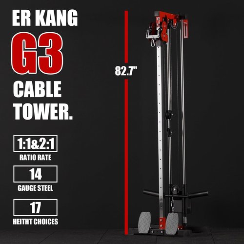 ER Kang Cable Station Wall Mount, 18in Pulley Tower, Dual Pulley System, High & Low Cable Machine, LAT Pull-Down & Row Tower with Flip-Up Footplate, Home Gym Cable Crossover (Red)