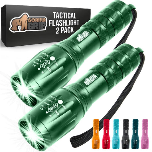 GORILLA GRIP Powerful LED Tactical Flashlight, 750 FT High Lumens 5 Adjustable Modes, Water Resistant, Ultra Bright Zoom Flashlights, Small Mini Flash Light, Camping, Night Dog Walking, 2 Pack Green