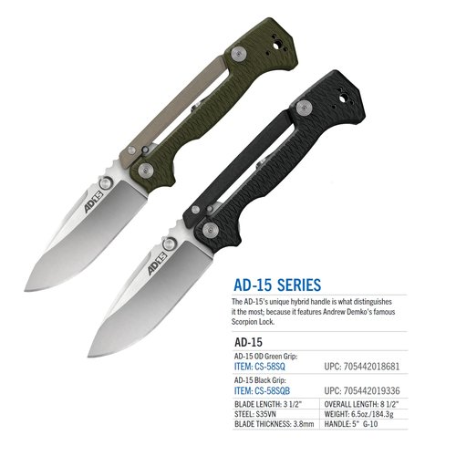 Cold Steel AD-10 and AD-15 Tactical Folding Knife with Lock and Pocket Clip - Premium S35VN Steel Blade, AD-15 Black , 3 1/2"