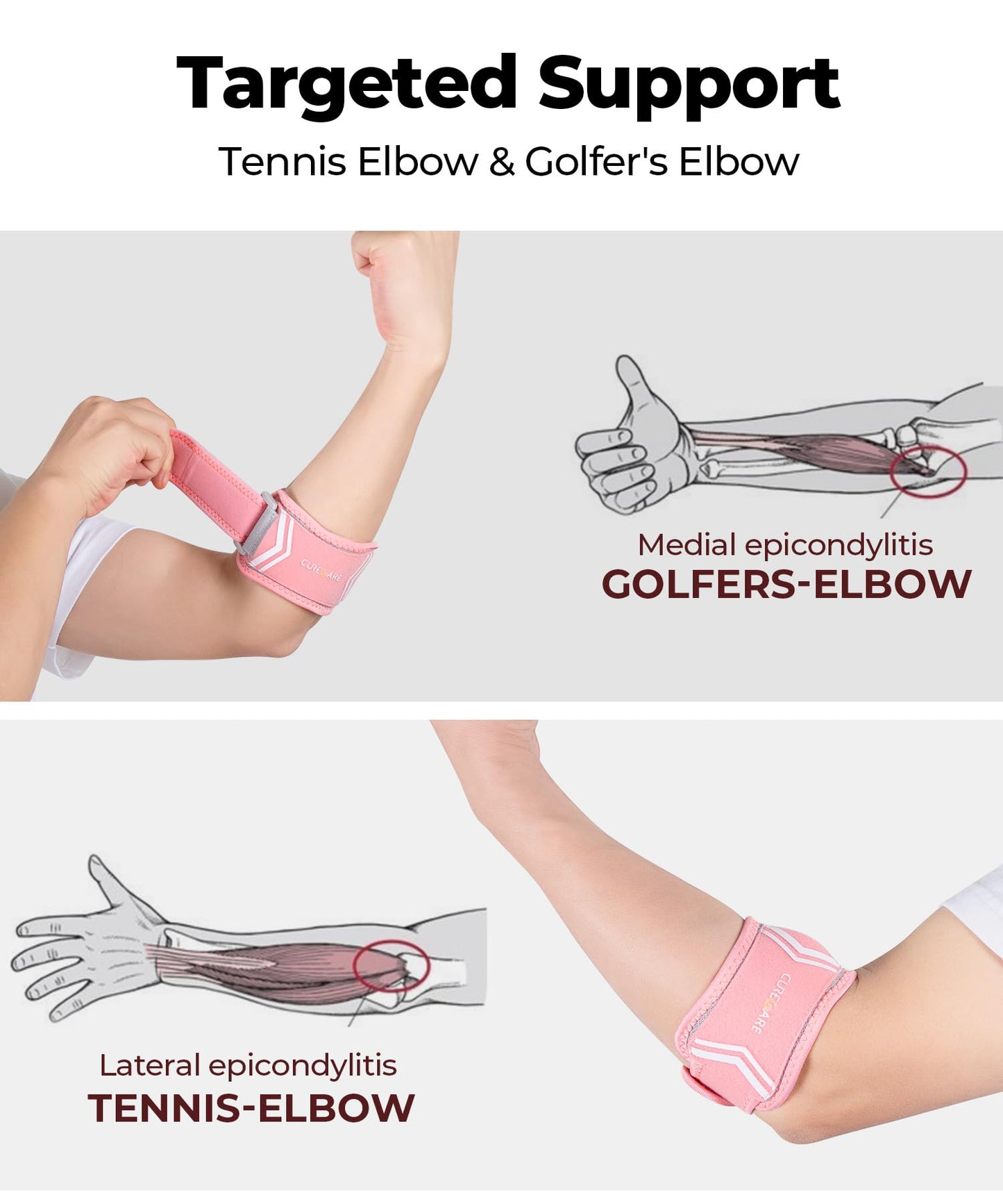 CURECARE Elbow Brace for Tennis & Golfers Pain Relief, New Updated Tennis Elbow Strap with Breathable Fabric, All Day Comfort Tendonitis Elbow Brace for Sports and Daily Life (Pink)