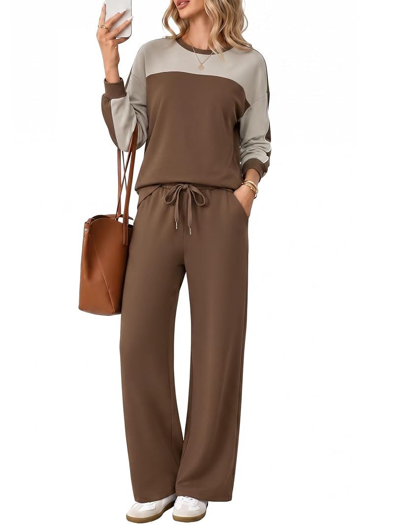 Casual 2-Piece Lounge Set for Women - Colorblock Knit Top & Wide-Leg Pants (Brown, Medium)
