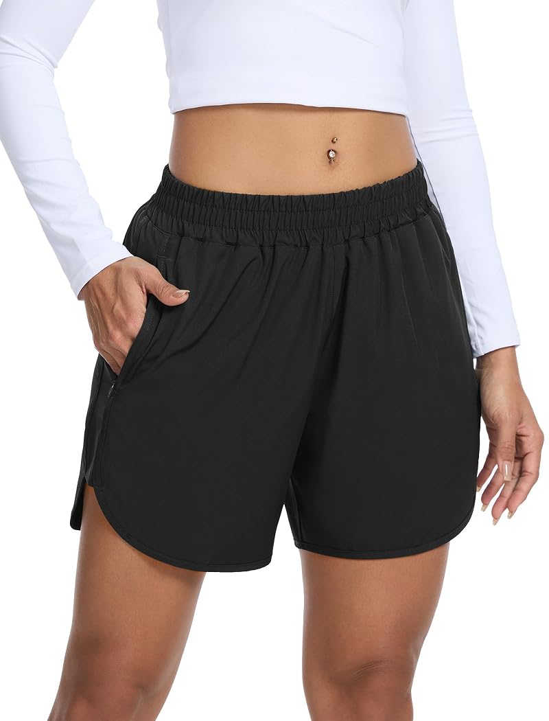 5" Women's Running Shorts with Liner & Zipper Pockets - A-Black XL