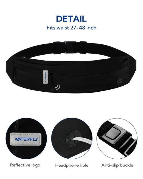WATERFLY Running Belt Fanny Pack: Runner Marathon Jogging Waist Pack Sport Workout Exercise Fitness Phone Holder Belt for Men Women Jogger Slim Waistband Black