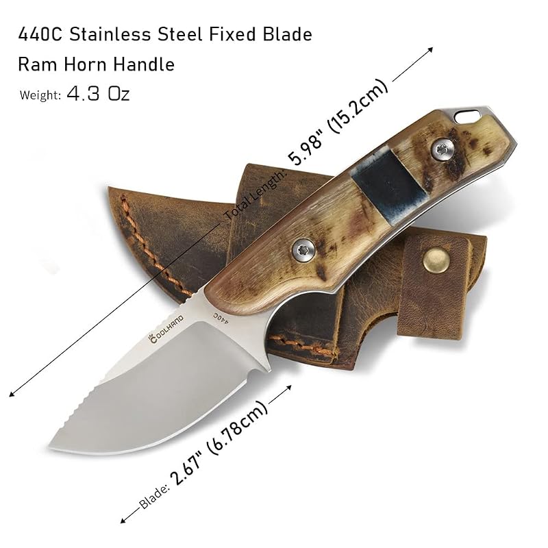 Fixed Blade Knife 5.98" with Ram Horn Handle & Leather Sheath - 440C Steel