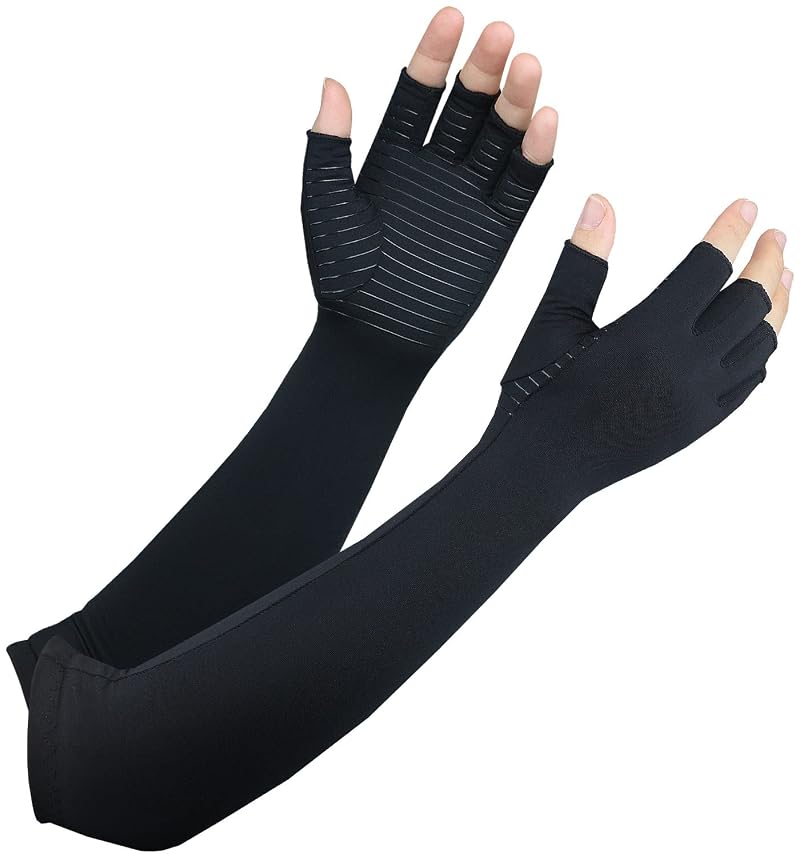 Copper Long Arthritis Gloves with Fingerless Design - Medium, Black