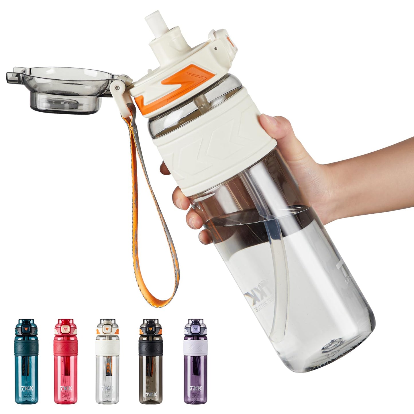 TKK Sports Water Bottles with Removable Straw 34 oz Leak-proof Flip Top Lid BPA Free Tritan Bottles with Strap for School, Fitness, Gym, Outdoor, White