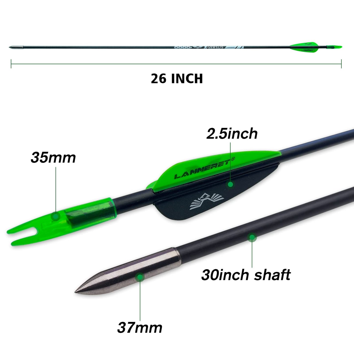 Lanneret Archery Practice Target Arrows for Youth and Beginners, 26/28inch Fiberglass Arrows for Compound & Recurve Bow(Pack of 12) Black