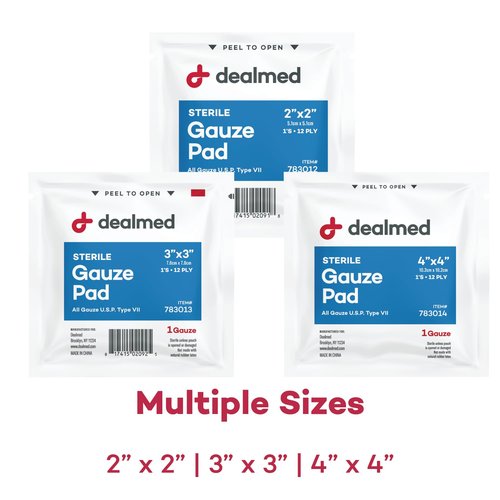Dealmed 2’’ x 2’’ Sterile Gauze Pads (100 Count) Disposable and Individually Wrapped Medical Gauze Pads, Wound Care Product for First Aid Kit and Medical Facilities (Pack of 1)