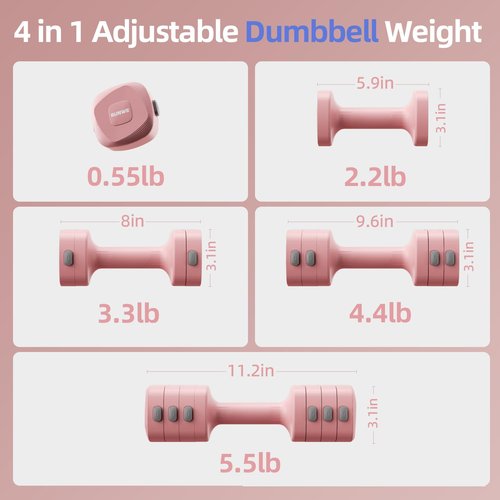 Lightweight Adjustable Dumbbell Kettlebell Set - 4 in 1 Free Weight Set with Kettlebell Grip Converter, Each 2.2 3.3 4.4 5.5lb Quick Change Weight Women Dumbbell Set for Small Spaces Home Gym