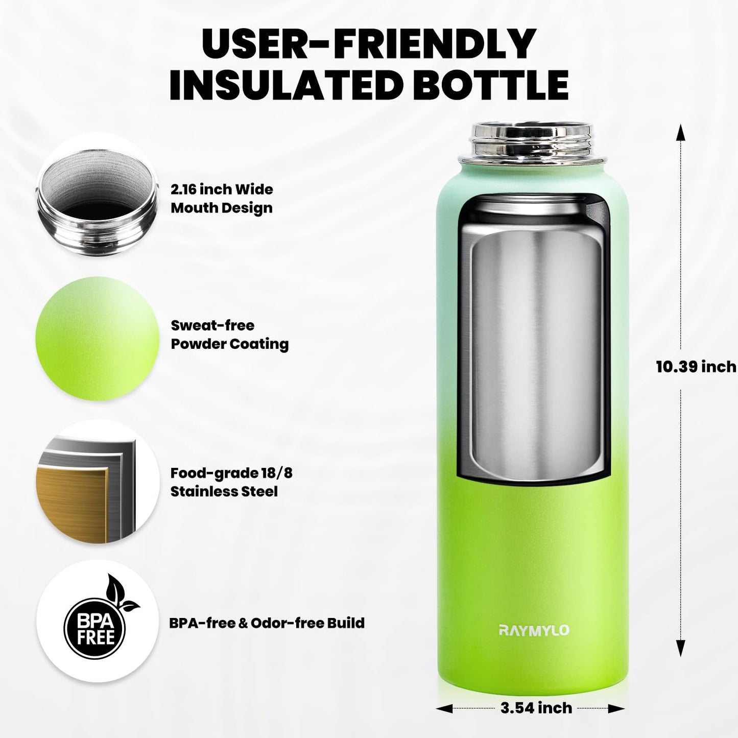 RAYMYLO Insulated Water Bottle 40 oz, Triple Wall Vacuum Stainless Steel (Cold for 36Hrs, Hot for 18Hrs), Leak Proof & Non-BPA, Modern Water Flask Jug with Paracord Handle & Straw Spout Lids