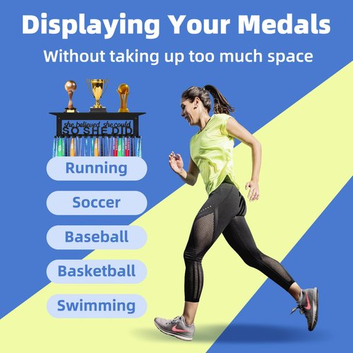 Dafftos Medal Hanger Display Holder Wall Ribbon Organizer Race Storage Frame Awards Bib Holder Medal Hanging Metal Rack Cheer Gymnastics Soccer Softball Runner She Believed She Could So She Did