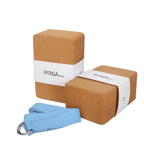 JBM 2 Pack Yoga Blocks with Strap Cork Yoga Block Workout Brick, Heavy-duty Cork Block to Support and Deepen Poses