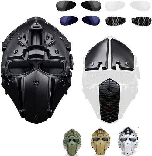 Full Face Protective Mask Tactical Airsoft Helmet with 4 Pairs Visor Goggles for Hunting Paintball Cosplay Movie Prop iMeshbean (Black)