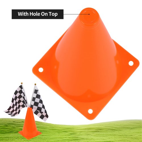 Mini Traffic Cones（With Hole on Top）with Racing Checkered Flags, Sports Safety Cones for Soccer Cones and Basketball Practice Equipment - Mini Orange Cones for Soccer Practice and Small Driving Practice Cones.Race Car Birthday Party Supplies, Kids Gift.
