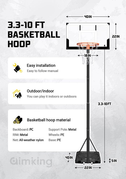 Aimking Portable Basketball Hoop Outdoor System with 40 Inch Backboard, 3.3FT-10FT Height Adjustable Basketball Goal System for Youth/Teens/Adults Indoor Outdoor Pool (Pale White)