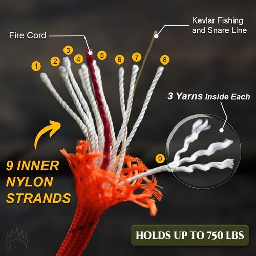 Bear Essentials 750LBS - Premium Reflective Survival Paracord - with Firecord & Kevlar Fishing/Snare Line Inside - High Tenacity Polyester Sheath - Reflective Orange - (100 FT Hank)