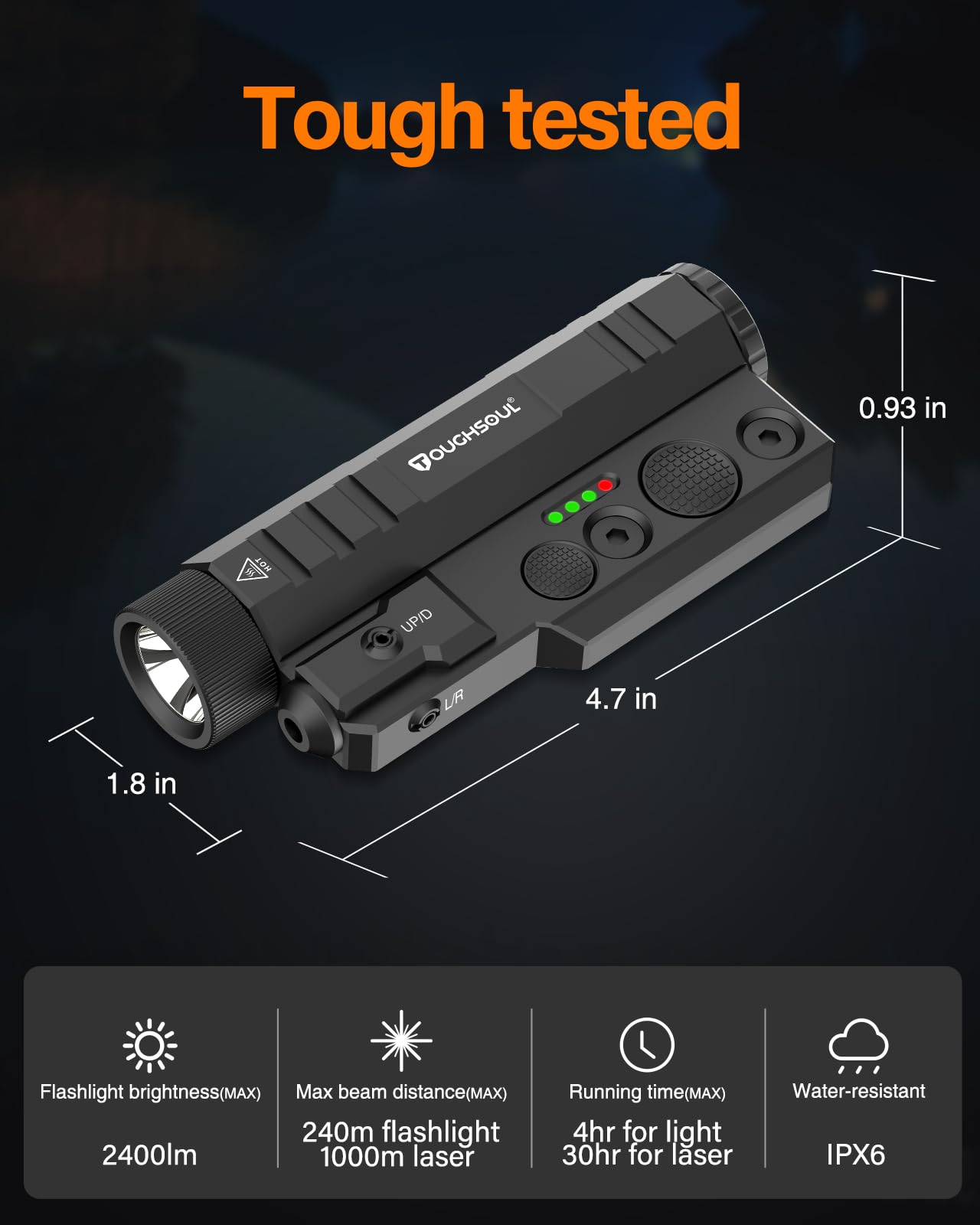 TOUGHSOUL Mlok Picatinny Tactical Flashlight Green Red Laser Sight Combo, 2400 Lumen Max Light with Momentary Strobe Function Rchargeable Battery Included (Red Laser)