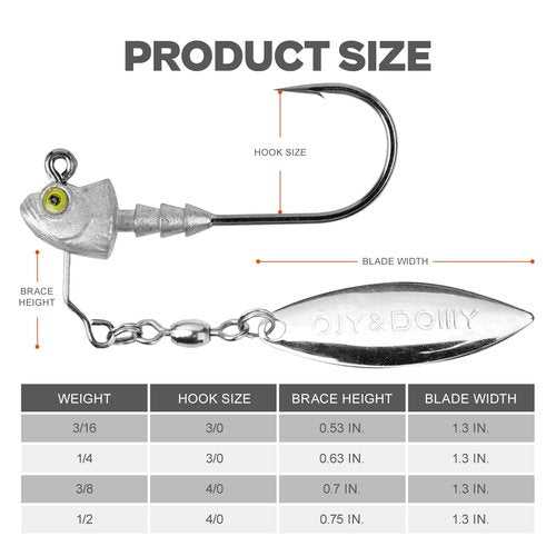 6-Pack Underspin Jig Heads with 100% Brass Blade (Never Rust) - 3/16oz, 1/4oz, 3/8oz, 1/2oz - Bass & Saltwater Fishing